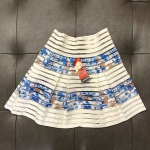 Floral Blue White Skirt with Mesh Stripes NWT